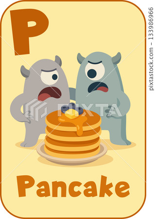 Letter P, Two surprised monsters with blueberry pancakes for kids flashcard in cartoon flat style Letter P, Two surprised monsters with blueberry pancakes for kids flashcard in cartoon flat style 133986966