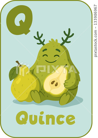 Letter Q, Smiling green monster holding fresh quince fruit for kids flashcard in cartoon flat style Letter Q, Smiling green monster holding fresh quince fruit for kids flashcard in cartoon flat style 133986967