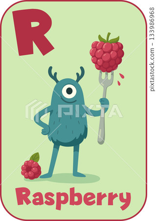 Letter R,  Confident blue monster holding big raspberry on a fork for kids flashcard in cartoon flat style 133986968