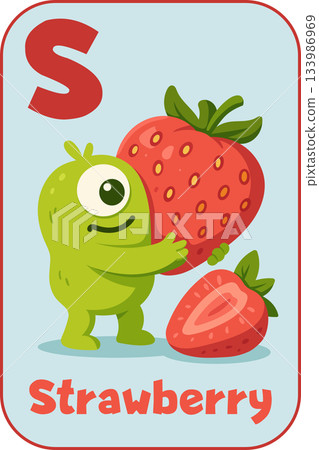 Letter S, Cute green one-eyed monster hugging giant strawberry for kids flashcard in cartoon flat style 133986969