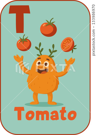 Letter T, Orange monster with branch horns juggling tomatoes for kids flashcard in cartoon flat style 133986970