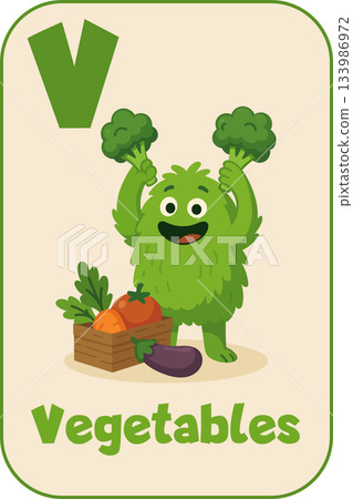 Letter V, Happy green monster with broccoli horns and vegetable basket for kids flashcard in cartoon flat style 133986972