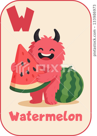 Letter W,  Furry red monster with horns holding juicy watermelon slice for kids flashcard in cartoon flat style 133986973