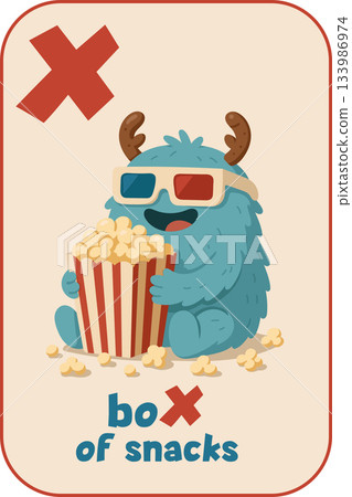 Letter X, Blue monster in 3D glasses with box of snacks for kids flashcard in cartoon flat style Letter X, Blue monster in 3D glasses with box of snacks for kids flashcard in cartoon flat style 133986974
