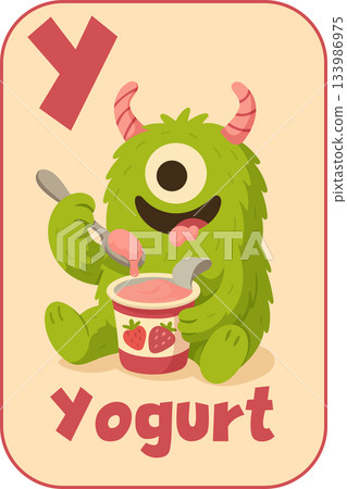 Letter Y, Green one-eyed monster eating strawberry yogurt for kids flashcard in cartoon flat style 133986975