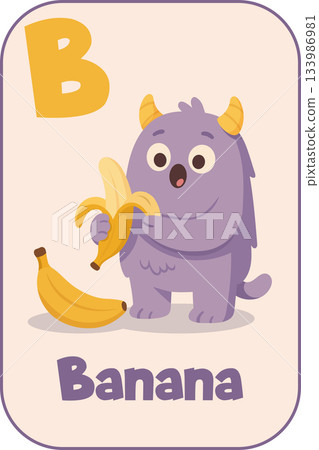 Banana monster flashcard for preschool alphabet learning , cartoon illustration 133986981