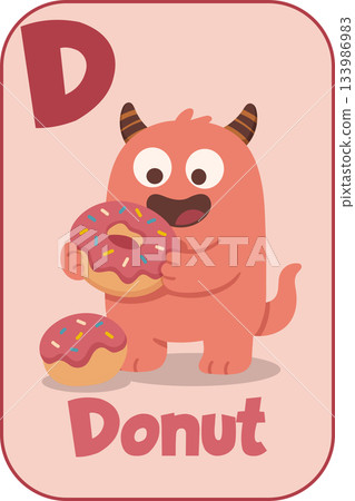 Donut monster flashcard in cartoon style, alphabet learning for children 133986983