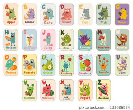 Full English alphabet with cute cartoon monsters and food, ABC flashcards for kids in colorful flat style 133986984