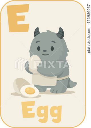 Letter E, Cute cartoon monster holding egg for kids alphabet flashcard in flat style Letter E, Cute cartoon monster holding egg for kids alphabet flashcard in flat style 133986987