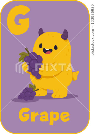 Letter G, Yellow monster holding purple grapes for kids alphabet card in flat cartoon style 133986989
