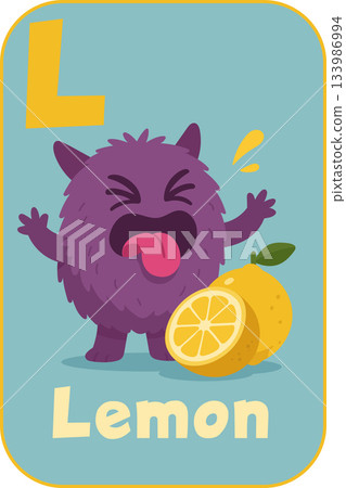 Letter L, Cheerful pink monster holding lemon slices for kids flashcard in cartoon flat style Letter L, Cheerful pink monster holding lemon slices for kids flashcard in cartoon flat style 133986994