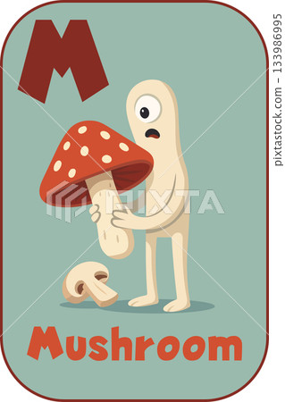 Letter M, Brown monster carrying big red mushroom for kids flashcard in cartoon flat style 133986995