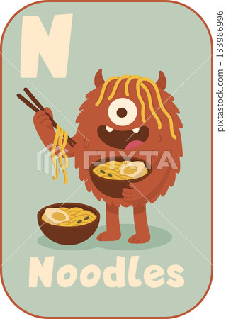 Letter N, Furry red monster eating ramen noodles with chopsticks for kids flashcard in cartoon flat style Letter N, Furry red monster eating ramen noodles with chopsticks for kids flashcard in cartoon flat style 133986996
