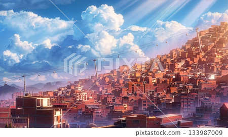 A fantastic illustration of the city of La Paz, Bolivia, and the sea of clouds 133987009