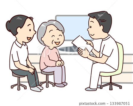Elderly people visiting a doctor. With an attendant. Elderly people visiting a doctor. With an attendant. 133987051