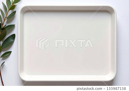 Meal preparation. Ceramic tray isolated on white background. Serving plate. Classic beige design. Top view. Meal preparation. Ceramic tray isolated on white background. Serving plate. Classic beige design. Top view. 133987138