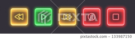 Neon media player buttons. Glossy glowing audio control icons. Neon media player buttons. Glossy glowing audio control icons. 133987150