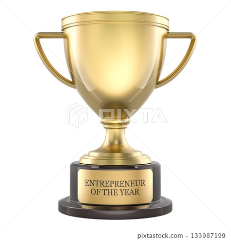 Entrepreneur of the year, gold trophy. 3D rendering Entrepreneur of the year, gold trophy. 3D rendering 133987199