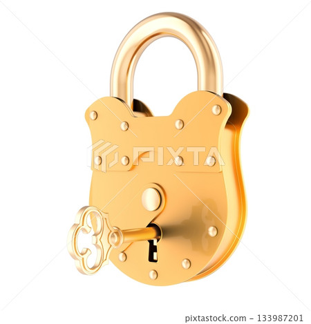 Golden vintage padlock with key. 3D rendering 133987201