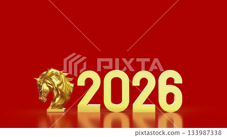 Golden Horse Head with Bold 2026 Text on Red Background 3d render 133987338