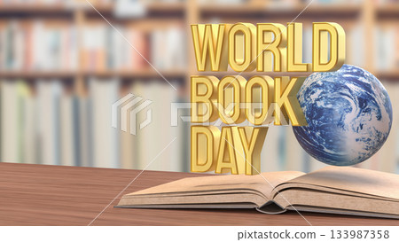 World Book Day Concept with Floating Globe and Open Book 3d render. 133987358