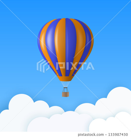 Vector Travel Banner with 3d Realistic Blue and Orange Hot Air Balloon Icon on a Blue Sky Background. Design Template, Summer Vacation, Travelling, Tourism and Journey Concept 133987430