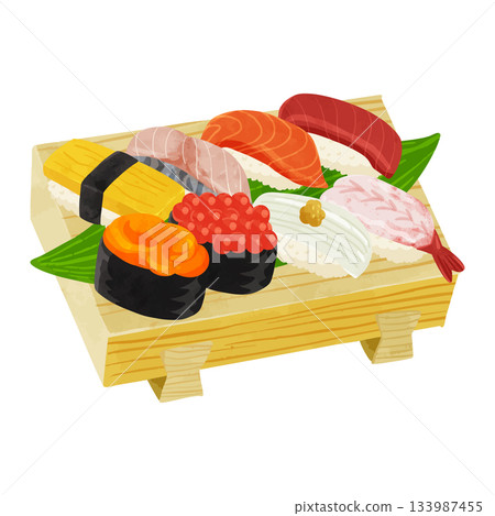 Sushi served on sushi sandals, watercolor-style hand-drawn vector illustration Sushi served on sushi sandals, watercolor-style hand-drawn vector illustration 133987455