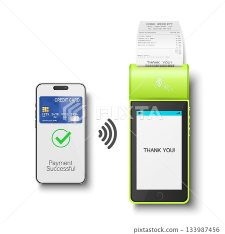 Vector 3d Realistic Green NFC Payment Terminal with Smartphone Closeup. Approved Payment and Successful Transaction. Contactless Payment Machine Template, Bank Card Transaction POS Terminal Vector 3d Realistic Green NFC Payment Terminal with Smartphone Closeup. Approved Payment and Successful Transaction. Contactless Payment Machine Template, Bank Card Transaction POS Terminal 133987456
