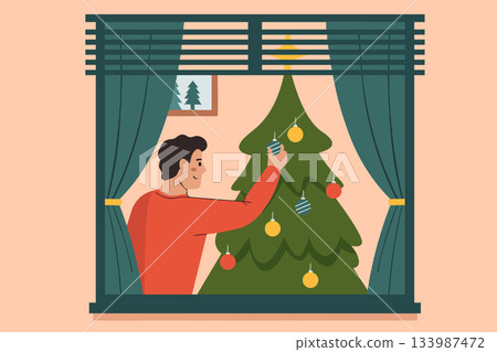 Festive vector illustration of man decorating christmas tree as seen through cozy window view 133987472