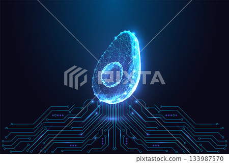 Digital avocado glowing in futuristic neon low poly style over technology circuit board background Digital avocado glowing in futuristic neon low poly style over technology circuit board background 133987570