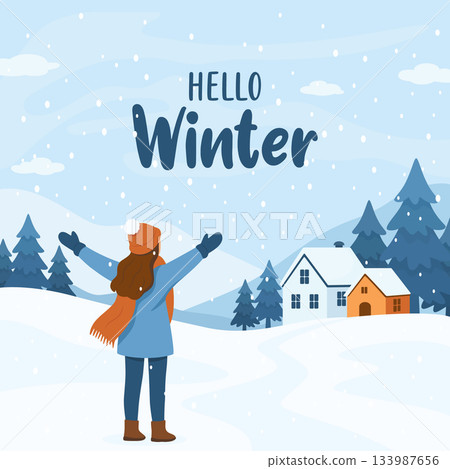 Hello Winter. Winter Landscape. Girl Enjoying Snow. Flat Cartoon Vector Illustration of Snowy Countryside with Mountains, Pine Trees and House. Minimal Winter Landscape 133987656