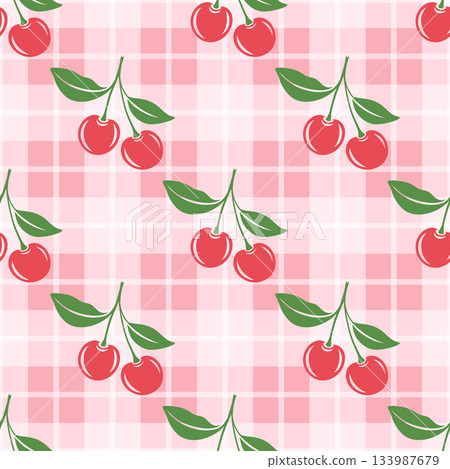 Vector Seamless Pattern with Cutout Cherry. Single, Pair of Cherries and Cluster of Cherries with Leaves, Repeated Print 133987679