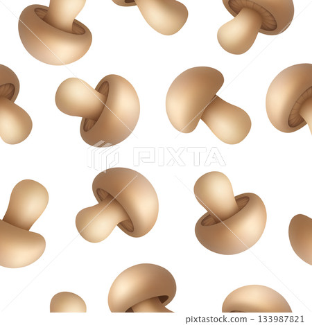 Seamless Champignon Mushroom Pattern, Vector Illustration. Realistic Button Mushroom Seamless Background. White Mushroom Repeat Texture 133987821