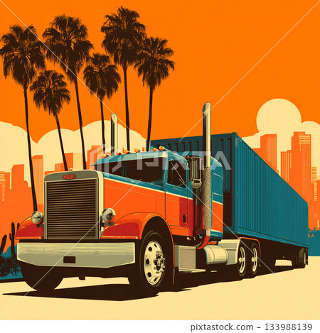 A retro, pop art-style illustration of a large orange and blue truck set against a bright orange sky with palm trees and a distant city skyline. 133988139
