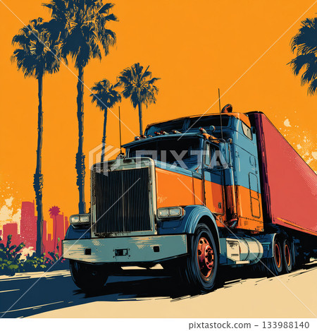A retro, pop art-style illustration of a large orange and blue truck set against a bright orange sky with palm trees and a distant city skyline. 133988140