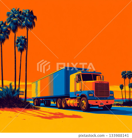 A retro, pop art-style illustration of a large orange and blue truck set against a bright orange sky with palm trees and a distant city skyline. 133988141