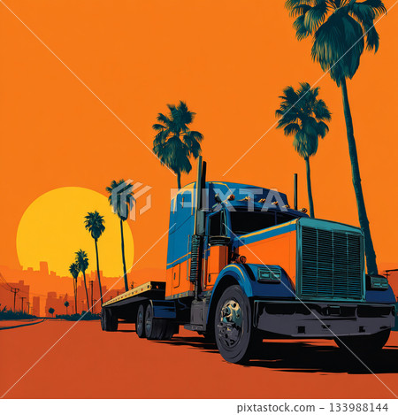 A retro, pop art-style illustration of a large orange and blue truck set against a bright orange sky with palm trees and a distant city skyline. 133988144