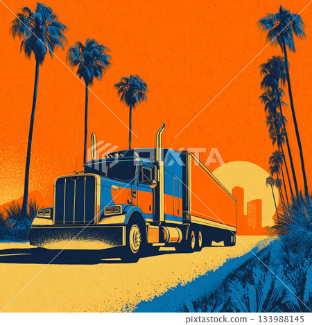 A retro, pop art-style illustration of a large orange and blue truck set against a bright orange sky with palm trees and a distant city skyline. 133988145