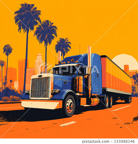 A retro, pop art-style illustration of a large orange and blue truck set against a bright orange sky with palm trees and a distant city skyline. 133988146