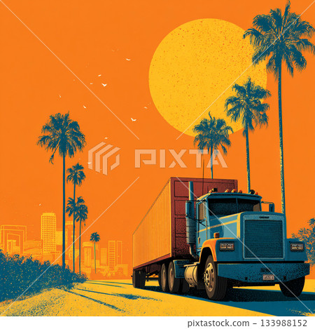 A retro, pop art-style illustration of a large orange and blue truck set against a bright orange sky with palm trees and a distant city skyline. 133988152