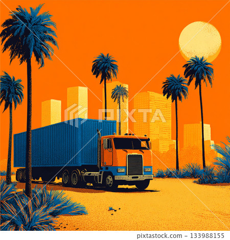 A retro, pop art-style illustration of a large orange and blue truck set against a bright orange sky with palm trees and a distant city skyline. 133988155