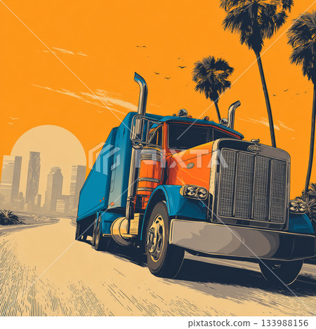 A retro, pop art-style illustration of a large orange and blue truck set against a bright orange sky with palm trees and a distant city skyline. 133988156