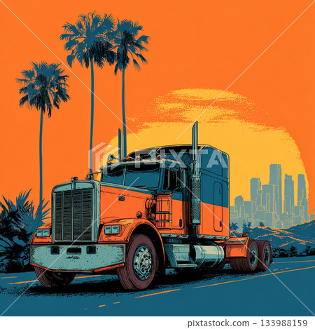 A retro, pop art-style illustration of a large orange and blue truck set against a bright orange sky with palm trees and a distant city skyline. 133988159