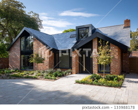 A modern luxury house featuring dark red brick, black-framed windows, a slate roof, and a large integrated garage, surrounded by lush mature trees and a paved driveway. 133988178