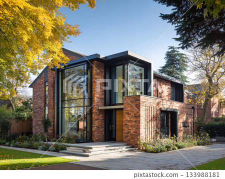 A modern luxury house featuring dark red brick, black-framed windows, a slate roof, and a large integrated garage, surrounded by lush mature trees and a paved driveway. 133988181