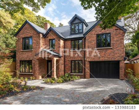 A modern luxury house featuring dark red brick, black-framed windows, a slate roof, and a large integrated garage, surrounded by lush mature trees and a paved driveway. 133988183
