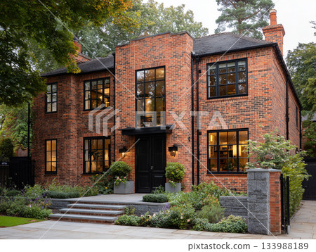 A modern luxury house featuring dark red brick, black-framed windows, a slate roof, and a large integrated garage, surrounded by lush mature trees and a paved driveway. 133988189