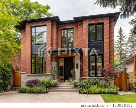 A modern luxury house featuring dark red brick, black-framed windows, a slate roof, and a large integrated garage, surrounded by lush mature trees and a paved driveway. 133988192