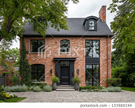 A modern luxury house featuring dark red brick, black-framed windows, a slate roof, and a large integrated garage, surrounded by lush mature trees and a paved driveway. A modern luxury house featuring dark red brick, black-framed windows, a slate roof, and a large integrated garage, surrounded by lush mature trees and a paved driveway. 133988194