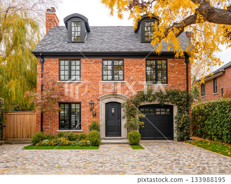 A modern luxury house featuring dark red brick, black-framed windows, a slate roof, and a large integrated garage, surrounded by lush mature trees and a paved driveway. A modern luxury house featuring dark red brick, black-framed windows, a slate roof, and a large integrated garage, surrounded by lush mature trees and a paved driveway. 133988195